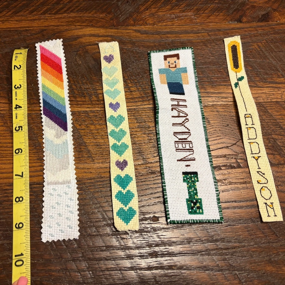 4 HANDMADE Cross Stitched Bookmarks: Rainbow, Hearts, Hayden and Addyson